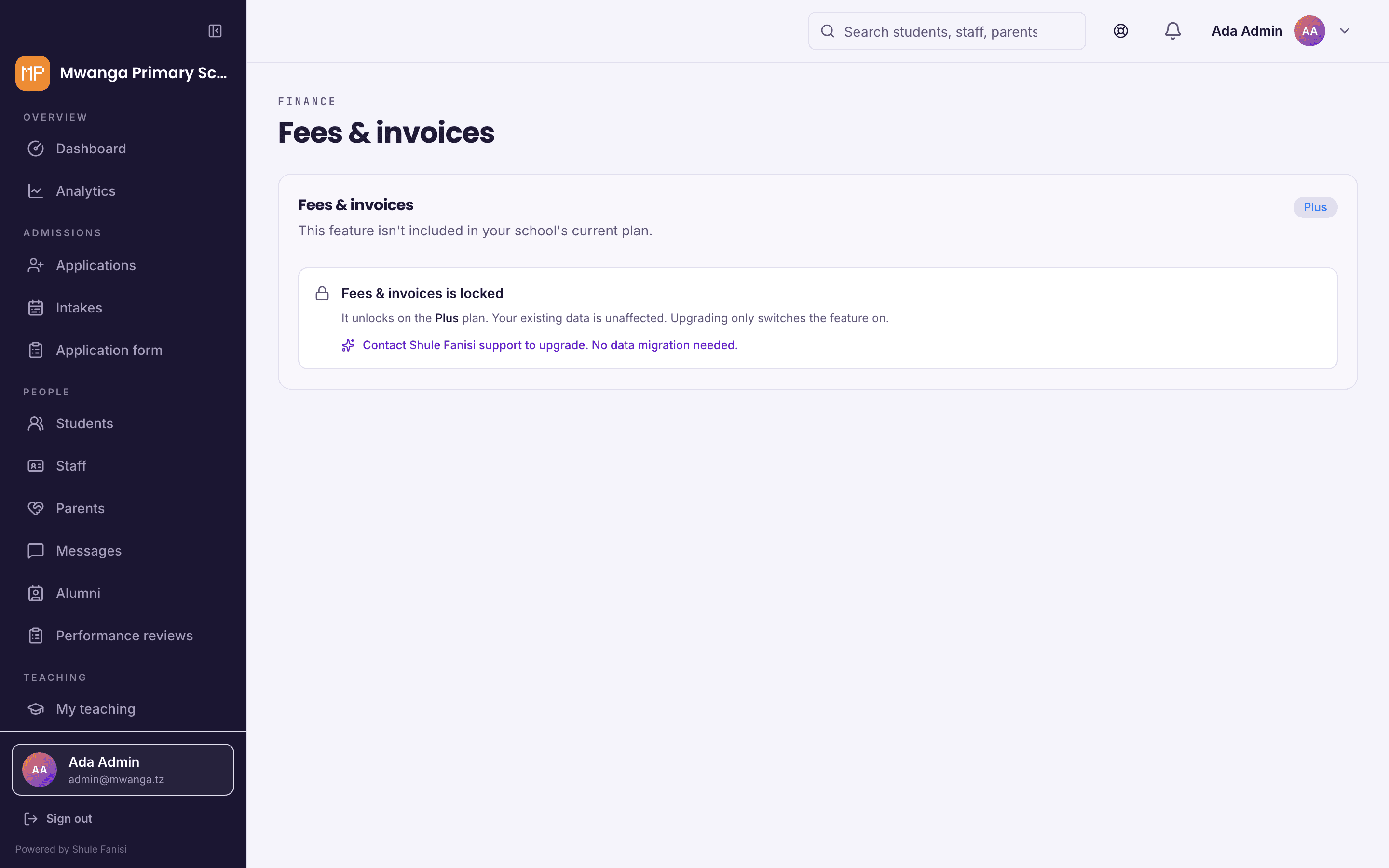 The fees screen in a locked, permission-gated state: the feature is not included on the school's current plan, with a note that upgrading only switches it on.
