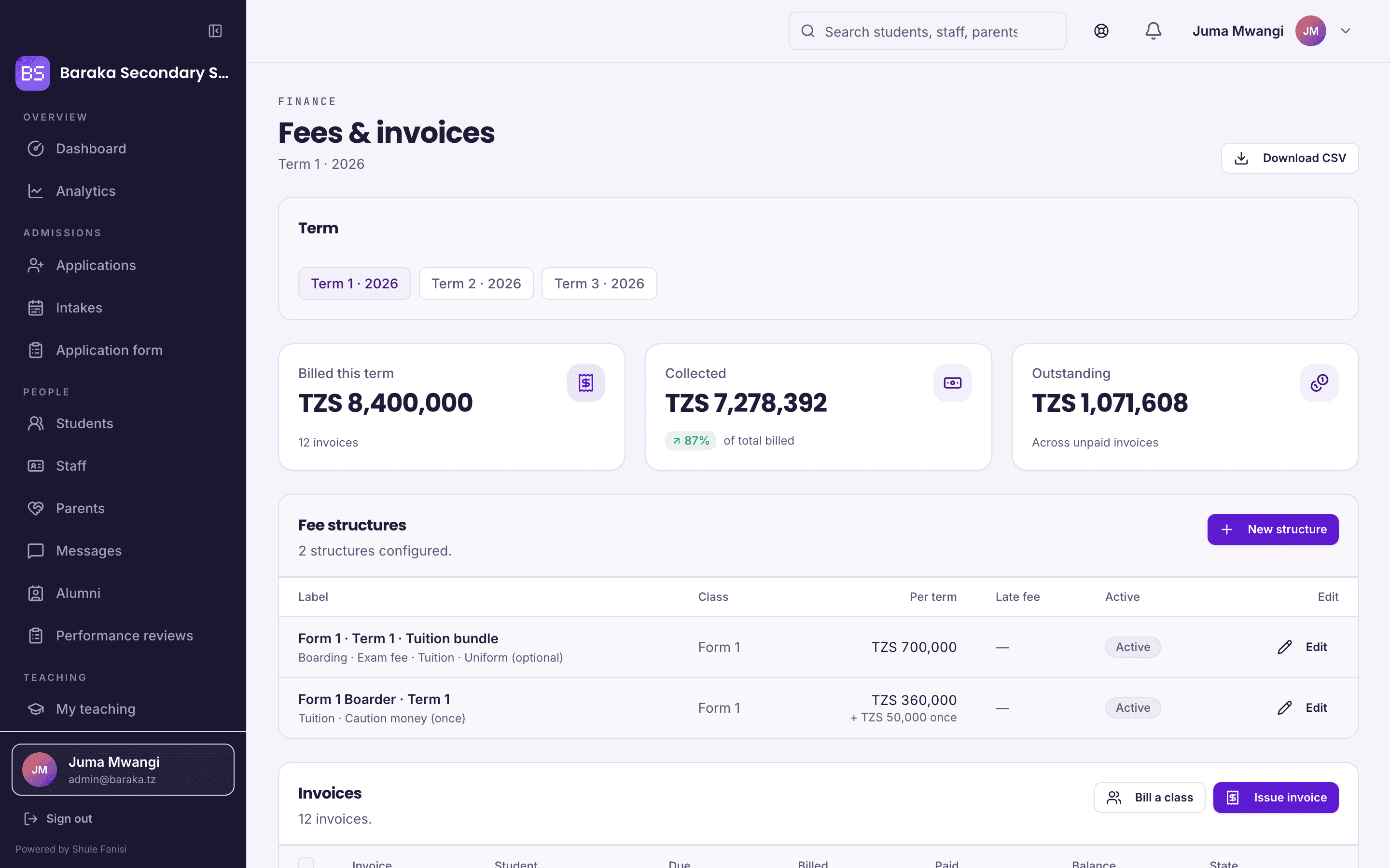 The fees screen listing invoices with amount billed, amount paid, outstanding balance and payment state.