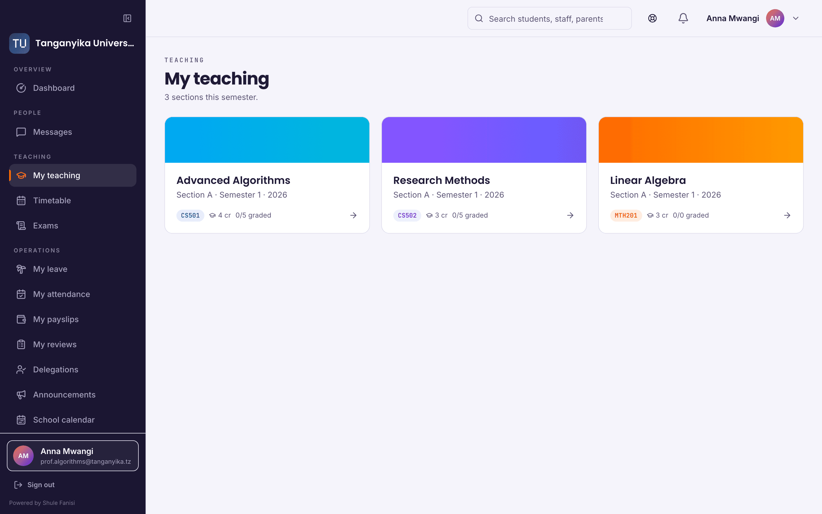 A lecturer's My teaching page at a university: three course cards — Advanced Algorithms, Research Methods, Linear Algebra — each with its course code, credits and grading progress.