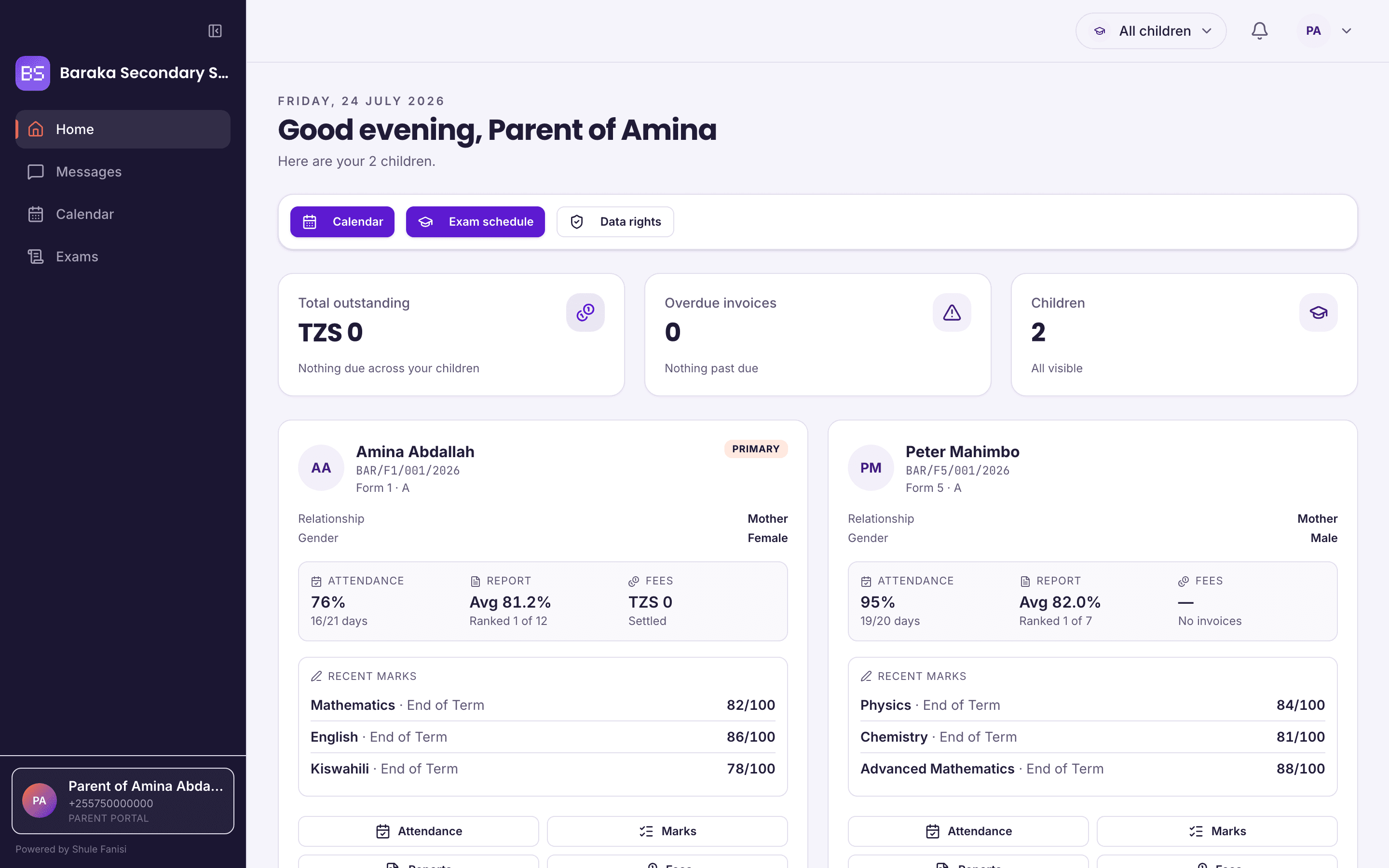 A parent portal home screen showing two children side by side, each with attendance, average mark, fees balance and recent marks.
