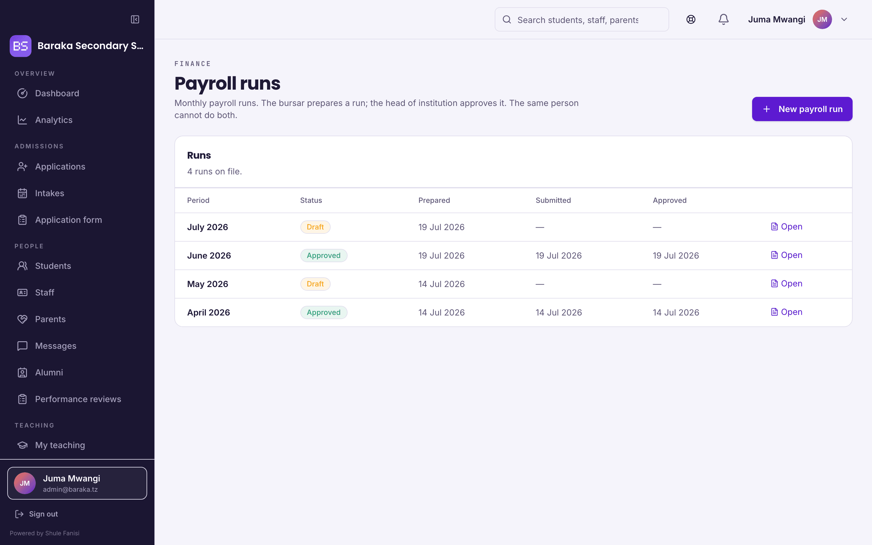 The payroll runs screen: four monthly runs listed with their status — draft or approved — and the date each was prepared, submitted and approved.