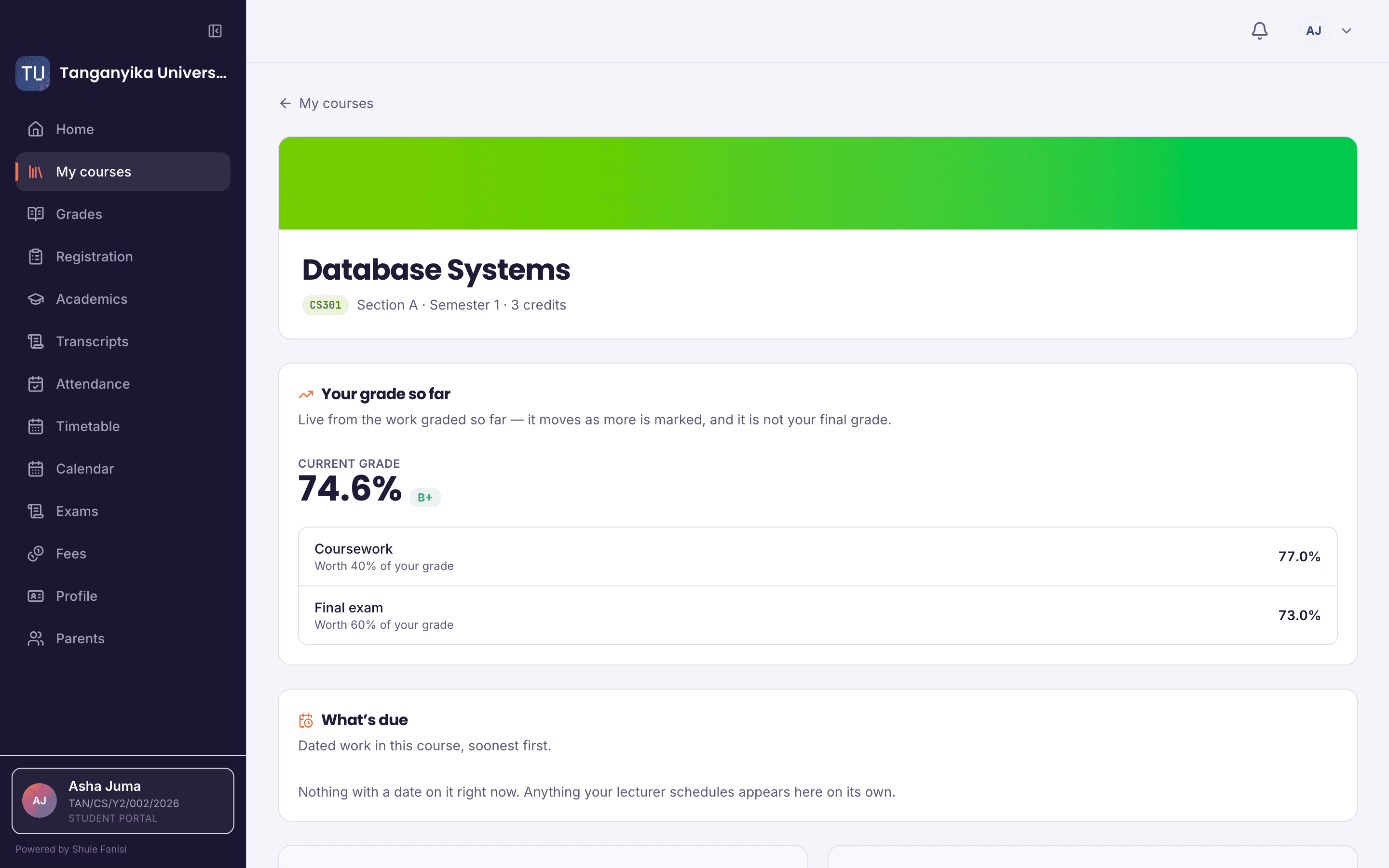 A student's single course page for Database Systems, showing the running grade so far broken into coursework and final-exam weighting.